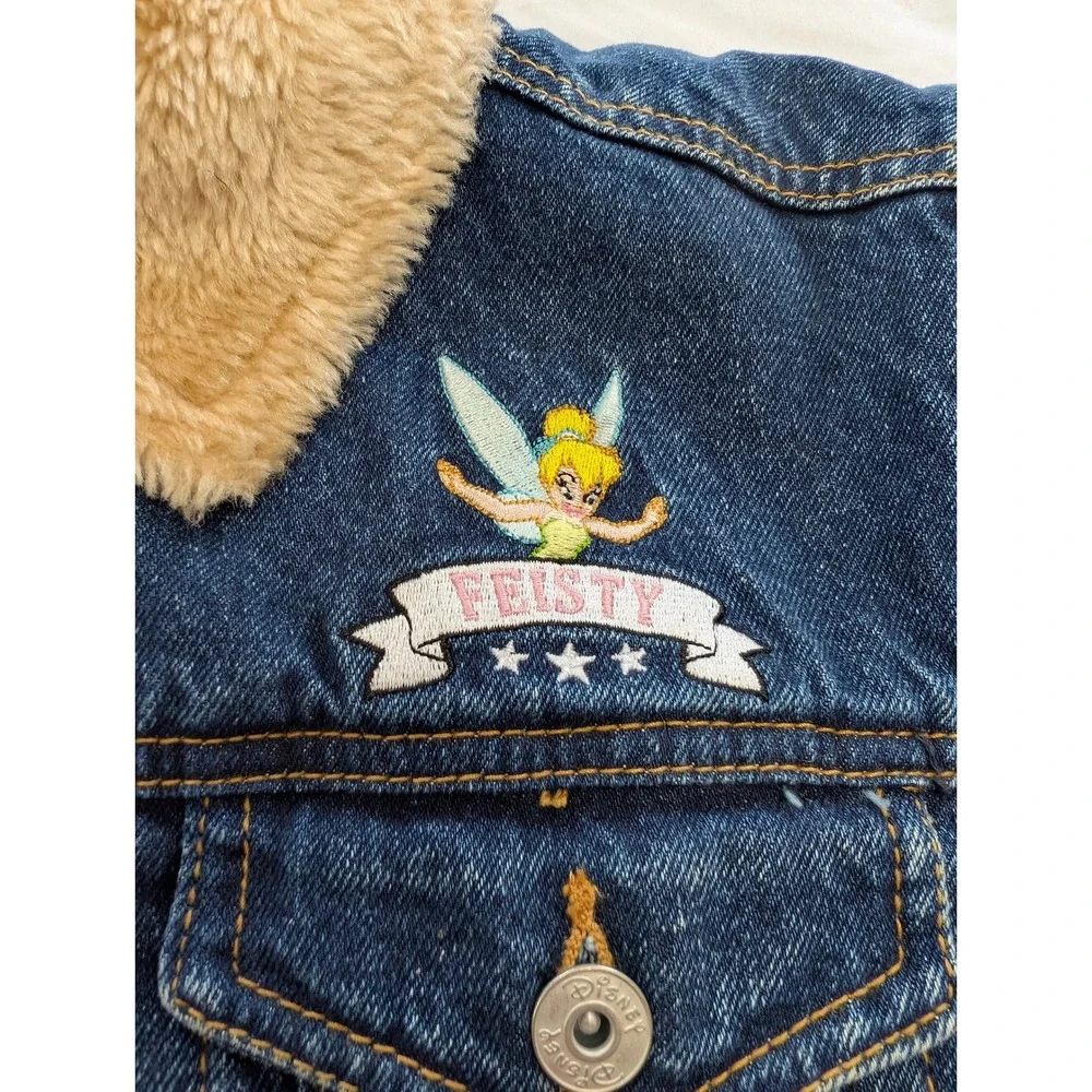 Disney Tinkerbell Feisty Denim Jacket Blue Sherpa Lined Y2K Medium Vintage Style - Picture 2 of 10